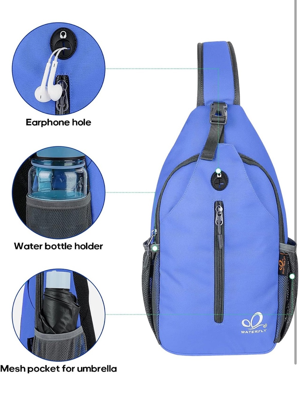 WATERFLY Crossbody Sling Backpack Sling Bag Travel Hiking Chest Bag Daypack - Picture 4 of 8